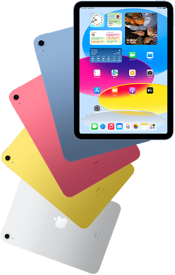 Edestä kuvattu iPad, jossa näkyy Koti-valikko, sen takana sininen, pinkki, keltainen ja hopeanvärinen iPad takaa kuvattuna.