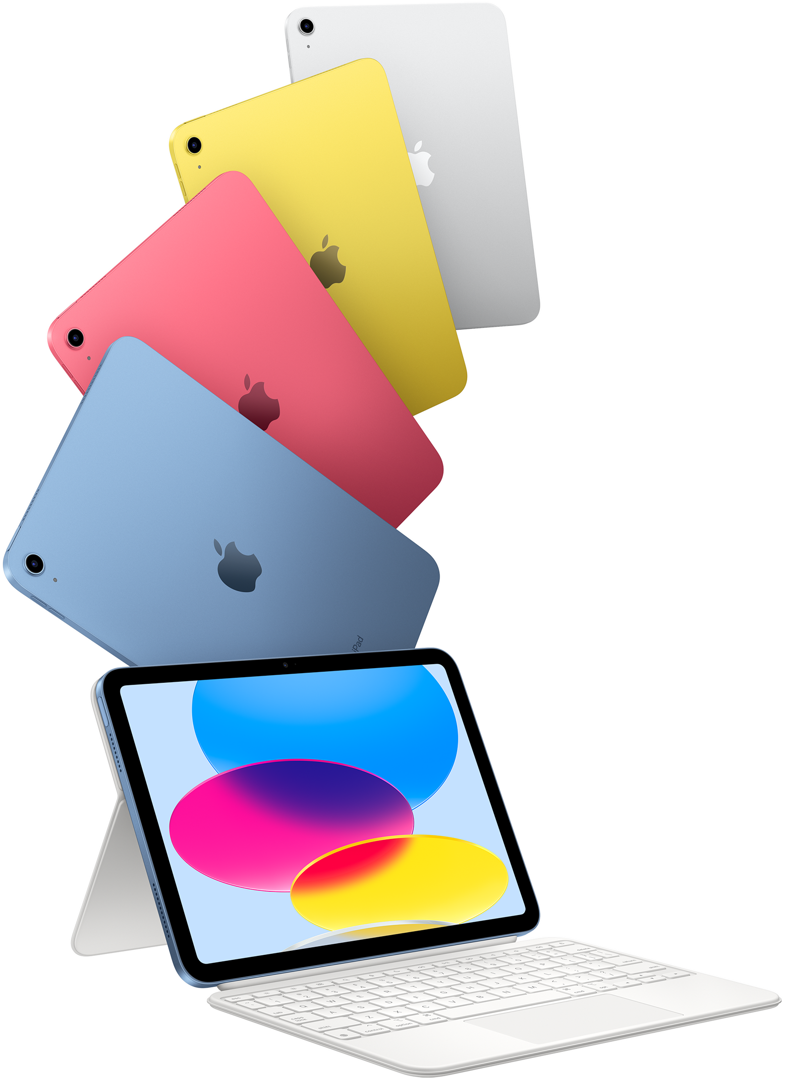 iPad sinisenä, pinkkinä, keltaisena ja hopeanvärisenä ja yhteen iPadiin liitettynä Magic Keyboard Folio.