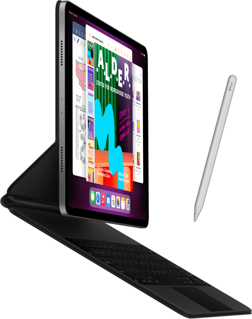 Sivunäkymä iPad Prosta, johon on liitetty Smart Keyboard Folio. Kuvassa näkyy myös Apple Pencil