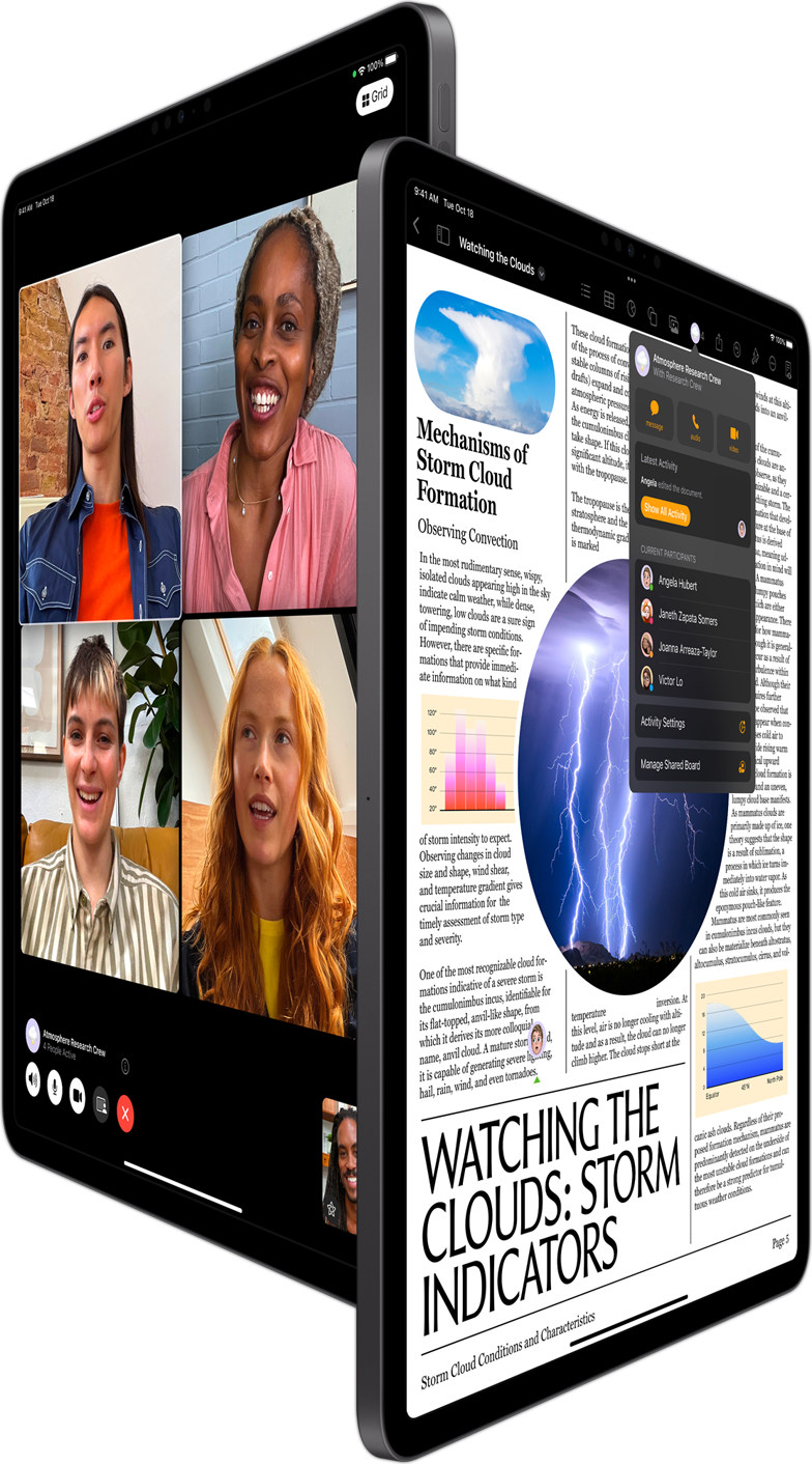 Kahdella iPad Prolla näkyy FaceTime-ryhmäpuhelu ja yhteistyötä Pagesissa