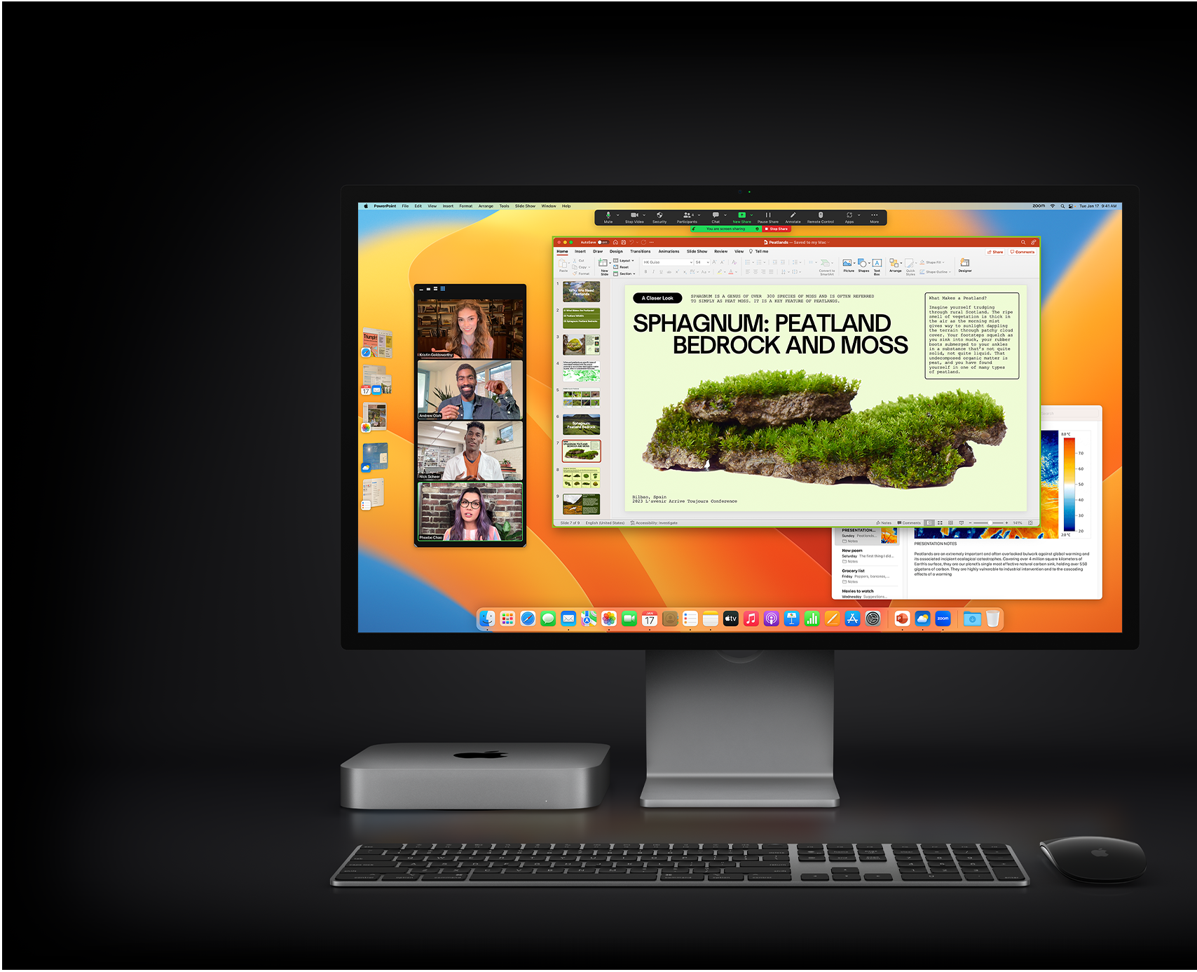 Mac mini, Magic Mouse, Magic Keyboard ja Studio Display. Näytöllä on Microsoft PowerPoint ‑esitys, jota jaetaan Zoom-kokouksessa. Taustalla näkyy Muistiinpanot-appi.