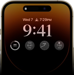 iPhone 14 Pro edestä­päin niin, että aina päällä olevassa näytössä näkyy mm. aika, päiväys ja neljä widgettiä.