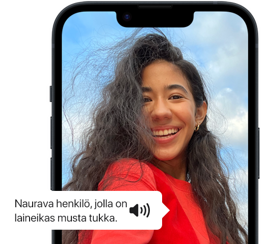 VoiceOver kuvailee iPhonen näytöllä näkyvän henkilön kuvaa.