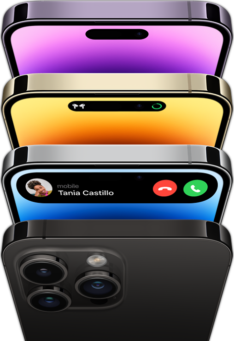 iPhone 14 Pro i fire forskellige farver: space black, blå, guld og dyblilla. Den ene model er vendt, så man kan se telefonens bagside, og de tre andre, så man kan se skærmen på forsiden.