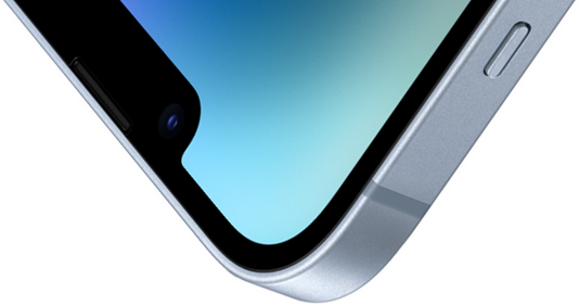 Det øverste venstre hjørne af en iPhone 14 med Ceramic Shield på forsiden.