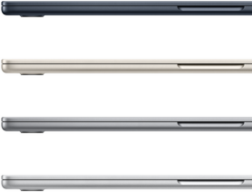 Neljä suljettua MacBook Air ‑kannettavaa esittelevät värivaihtoehdot: keskiyö, tähtivalkea, tähtiharmaa ja hopea