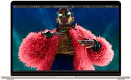 MacBook Airin näytöllä on värikäs kuva, jonka avulla esitellään Liquid Retina ‑näytön väriskaalaa ja tarkkuutta