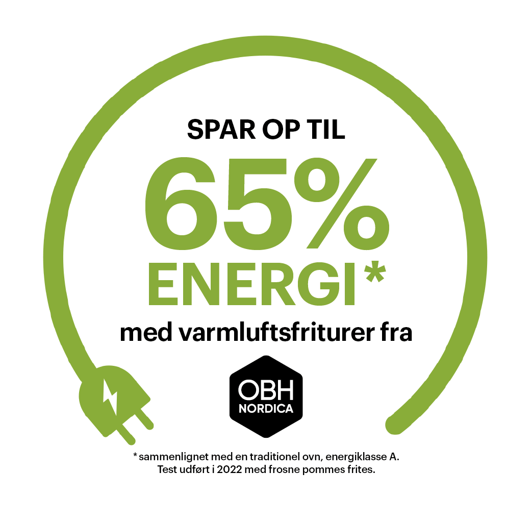 Spar op til 65% energi med varmluftsfriturer fra OBH Nordica sammenlignet med en traditionel ovn, energiklasse A. Test udført i 2022 med frosne pommes frites.