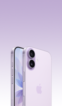 iPhone 17, laventelinvärinen, etupuoli, taustapuoli viistosti kuvattuna, Dual Fusion ‑kamerajärjestelmä ylhäällä vasemmalla, Kamerasäädin-painike, etupuoli, täysnäyttö, toiminto-, äänenvoimakkuus- ja sivupainikkeet