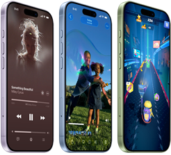 iPhone 17-enheter, framifrån och från sidan, på skärmen visas Apple Music, videouppspelning och spel, knappar: snabbknapp, volym