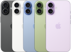 iPhone 17, sedd bakifrån, Fusion-dubbelkamerasystem, alla fem färger överlappar varandra: svart, vit, salvia, disblå och lavendel