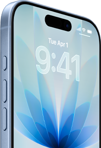 iPhone 17, sedd framifrån, disblå, Dynamic Island i mitten, knappar: snabbknapp, volym