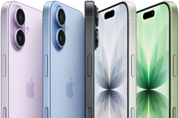 iPhone 17, sedd framifrån, bakifrån, från sidan, fem färger: lavendel, disblå, svart, vit och salvia.