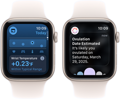 To Apple Watch SE 3-enheter med urkasser av aluminium i stjerneskinn, som viser Vitale tegn-appen på skjermene