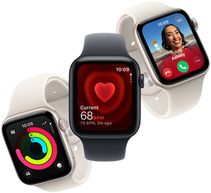 Tre Apple Watch SE 3-enheter svever ved siden av hverandre