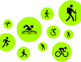 Trening-symboler, animerte strekfigurer som løper, går, svømmer, bruker rullestol, går fottur, sykler, gjør utfall, danser og tøyer og gjør yoga