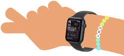 Tecknad illustration av en barnhandled med Apple Watch SE 3, skärmen visar appen Meddelanden