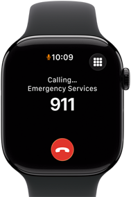 Apple Watch Series 11, aluminiumboett i gagatsvart, nödsamtal till 911 på skärmen, höger utsida: Digital Crown, sportband i svart