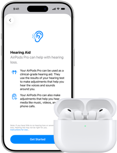 AirPods Pro 3 -kuulokkeet MagSafe-latauskotelossa, iPhone 17 Pro, teksti näytöllä: Kuuloapu