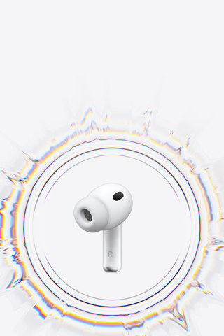 AirPods Pro 3, trådlös öronsnäcka med örontopp av silikon omgiven av en rund ljudvåg