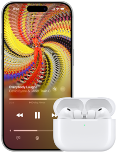 AirPods Pro 3 i ett MagSafe-laddningsetui, iPhone 17 Pro, Everybody Laughs med David Byrne och Ghost Train Orchestra spelas i Apple Music