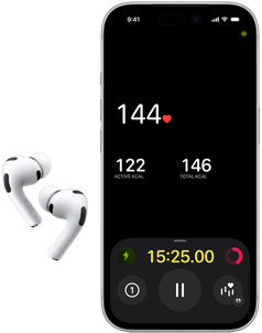 AirPods Pro 3, nedre halvan av skärmen på en iPhone 17 Pro, en pulsmätning visas i appen Fitness