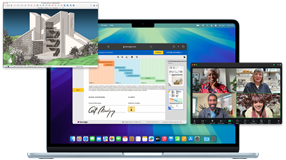 Flere skærme viser, hvor let det er at køre flere apps på én gang, herunder hjemmesider i Safari, et videoopkald i Zoom og en fil i SketchUp på MacBook Air