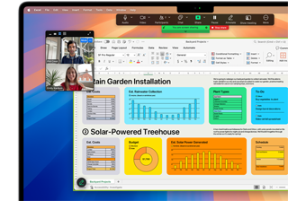 Grafer, diagrammer og et videoopkald er åbne og aktive på en 16&auot; MacBook Pro for at vise, at macOS er kompatibel med Microsoft Excel og Zoom