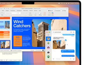I Messenger-appen indsættes et foto i en Microsoft Word-rapport, der er åbnet på en 13" MacBook Air, for at vise Macs intuitive design, og hvordan den minder om en iPhone