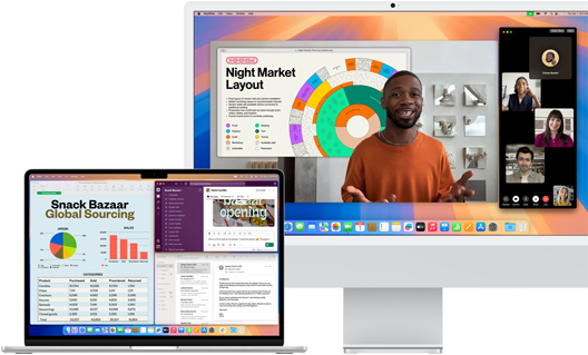 En åpen 15-tommers MacBook Air i sølv har Mail, Numbers og Slack åpne. Ved siden av står det en 24-tommers iMac som viser en person som holder en Keynote-presentasjon på FaceTime.