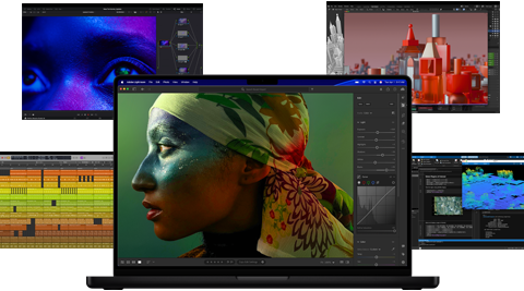 Forskelligt farverigt skærmindhold fra apps til musikproduktion, videoredigering, 3D-animation og fotoredigering på Mac, som demonstrerer den stærke grafiske ydeevne
