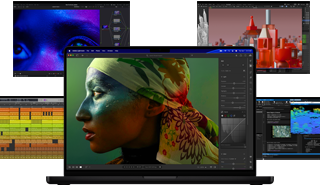 Forskelligt farverigt skærmindhold fra apps til musikproduktion, videoredigering, 3D-animation og fotoredigering på Mac, som demonstrerer den stærke grafiske ydeevne