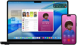 14" MacBook Pro og iPhone 16. iPhone ringer til en kontakt ved navn Luis, mens MacBook Pro viser det samme opkald i Telefon-appen
