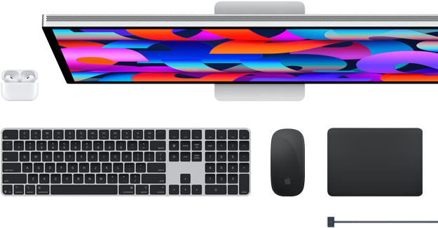 Tilbehør til Mac: AirPods, Studio Display, Magic Keyboard, Magic Mouse, Magic Trackpad, MagSafe-opladerkabel i space black