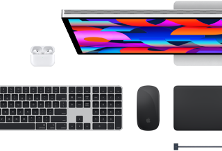 Tilbehør til Mac: AirPods, Studio Display, Magic Keyboard, Magic Mouse, Magic Trackpad, MagSafe-opladerkabel i space black