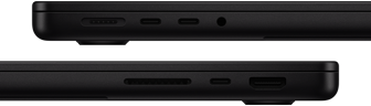 Visning af portene på MacBook Pro: I venstre side en MagSafe 3-port, to Thunderbolt-porte og et jackstik til hovedtelefoner og i højre side en SDXC-kortplads, en Thunderbolt-port og en HDMI-port