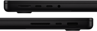Visning af portene på MacBook Pro: I venstre side en MagSafe 3-port, to Thunderbolt-porte og et jackstik til hovedtelefoner og i højre side en SDXC-kortplads, en Thunderbolt-port og en HDMI-port