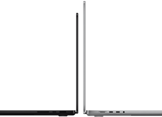 14" og 16" MacBook Pro med bagsiden mod hinanden for at vise størrelsesforskellen og fremhæve den tynde profil