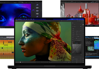 Fargerikt skjerminnhold fra apper for musikkproduksjon, videoredigering, 3D-animasjon og bilderedigering på Mac, som illustrerer kraftig grafikkytelse