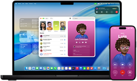 14-tommers MacBook Pro og iPhone 16 – iPhonen ringer til en kontakt kalt Luis mens MacBook Pro viser den samme samtalen i Telefon-appen