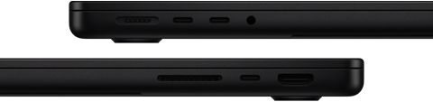 Portene på MacBook Pro – venstre side: MagSafe 3, to Thunderbolt-porter og hodetelefonutgang – høyre side: SDXC-kortplass, én Thunderbolt-port og HDMI