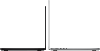 MacBook Pro 14-tommers og 16-tommers med baksidene mot hverandre for å vise de ulike størrelsene og den smale profilen