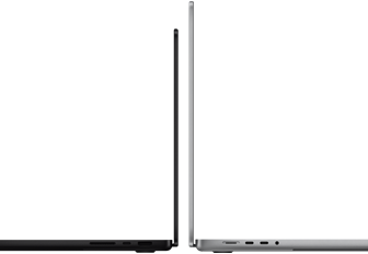 MacBook Pro 14-tommers og 16-tommers med baksidene mot hverandre for å vise de ulike størrelsene og den smale profilen