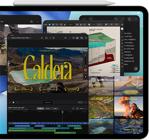 En iPad Pro i fargen stellarsvart vises forfra i liggende retning, og en Apple Pencil hviler på toppen av enheten. På skjermen vises flere appvinduer som er stablet, blant annet Final Cut Pro med flere videoredigeringsfunksjoner og en tidslinje, Kart-appen, Notater-appen og diverse medieklipp.