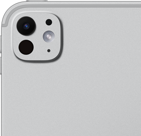iPad Pro i fargen sølv sett fra baksiden. Enheten har et avansert kamerasystem med objektiv med fem elementer og adaptiv True Tone Flash.
