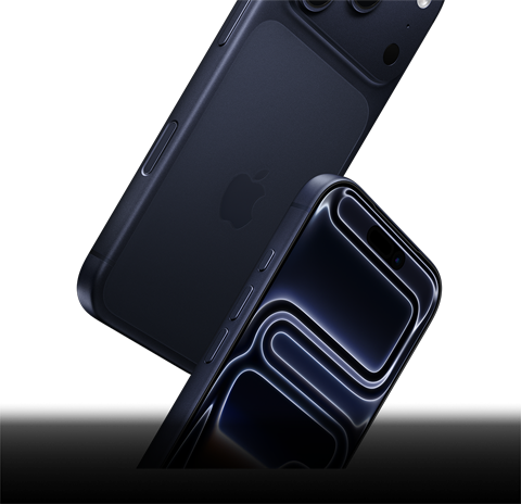 Two iPhone 17 Pro devices in Deep Blue, one front-facing and one rear-facing, falling to depict all-around durability