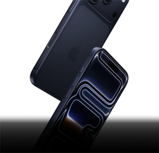 Two iPhone 17 Pro devices in Deep Blue, one front-facing and one rear-facing, falling to depict all-around durability