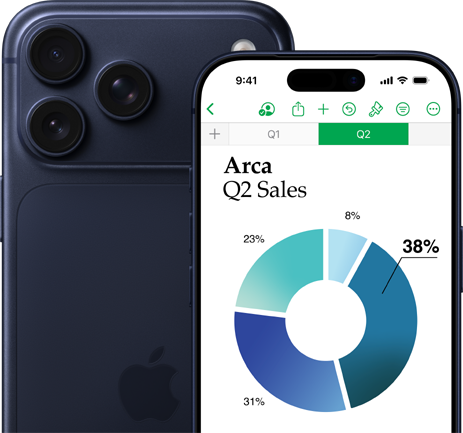 Suurempi iPhone 17 Pro ‑malli, josta on näkyvillä puhelimen taustapuoli ja kamera, sen edessä on pienempi iPhone 17 Pro, jonka näytöllä näkyy kaavio ja Numbersin toiminto