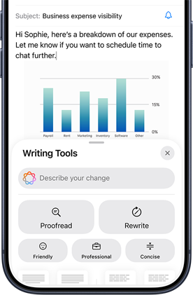 Skärm som visar ett jobbmejl med ett diagram och Apple Intelligence-promptar nedanför som erbjuder hjälp från skrivverktyg