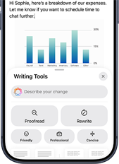 Skärm som visar ett jobbmejl med ett diagram och Apple Intelligence-promptar nedanför som erbjuder hjälp från skrivverktyg